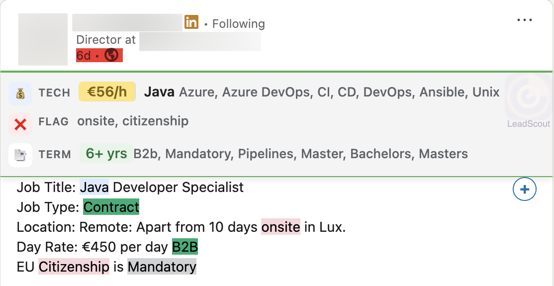 Structured summary box for each listing